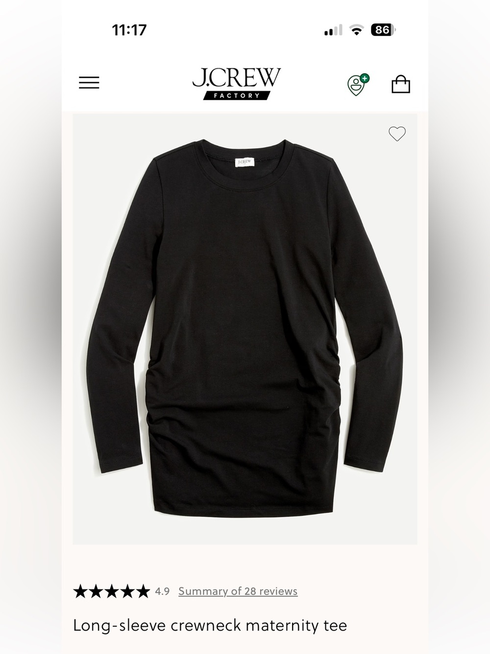 J Crew Factory Maternity Long-Sleeve Black Ruched Side Crewneck